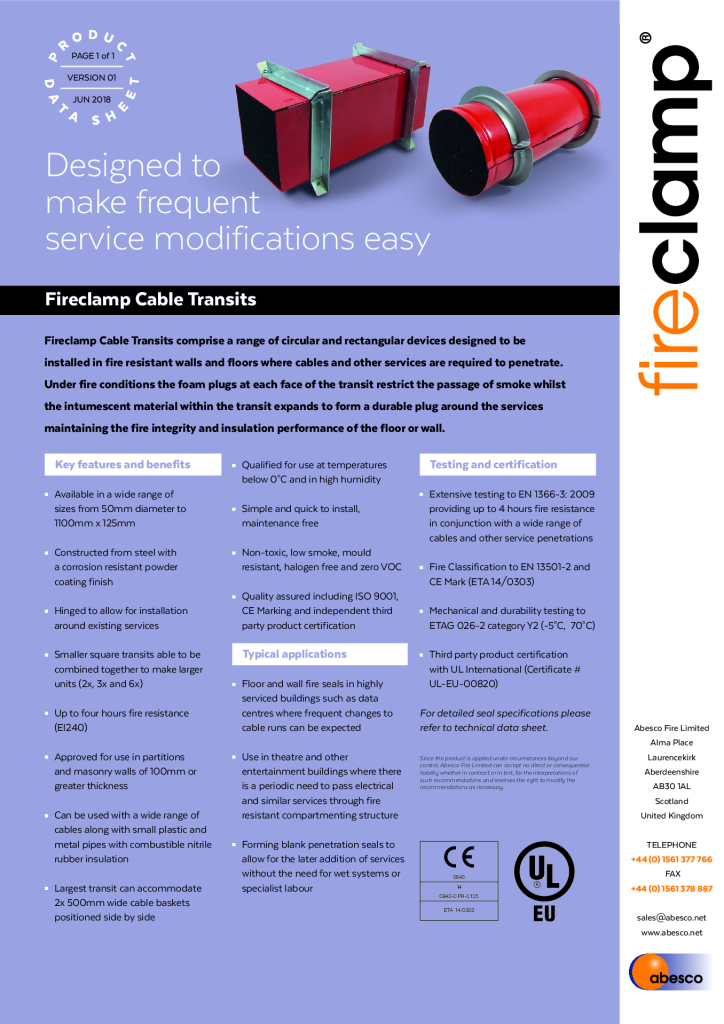 Fireclamp cable transit product data sheet