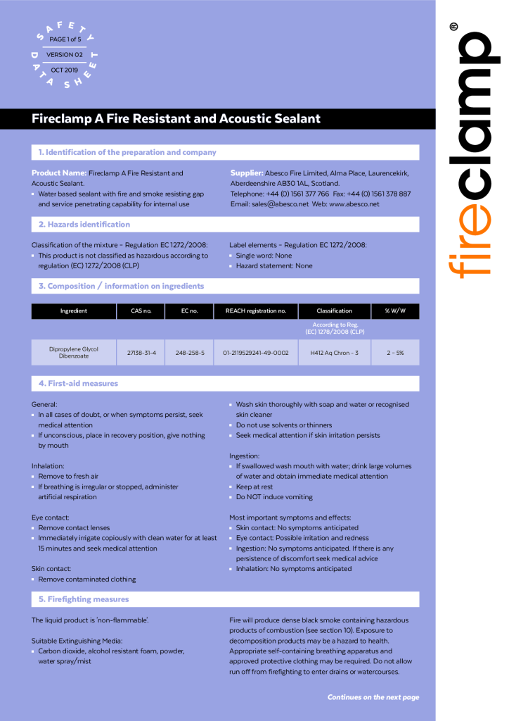 Fireclamp A safety data sheet