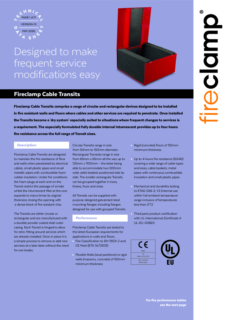 Fireclamp Transit technical data sheet